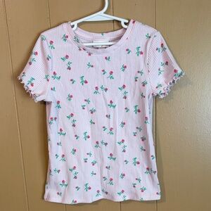 Pink Ribbed cherry print 🍒 lettuce hem tee